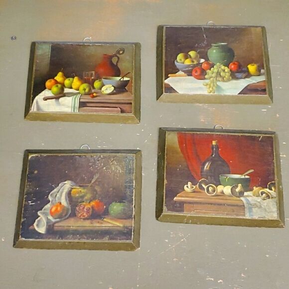 mid century wood plaque art (Set of 4) 6.5" x 5". - Picture 1 of 6